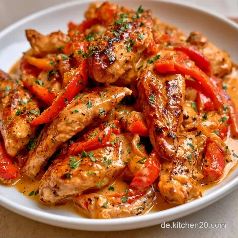 Zartes H&auml;hnchen auf einem wei&szlig;en Porzellanteller, garniert mit frischer Petersilie und einer gl&auml;nzenden Bratensauce.