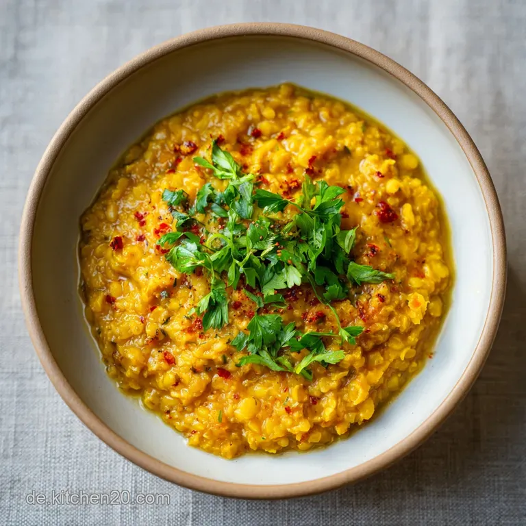Steaming bowl of red lentil dal, garnished with bright cilantro, sits on a rustic wooden table, inviting and flavorful.