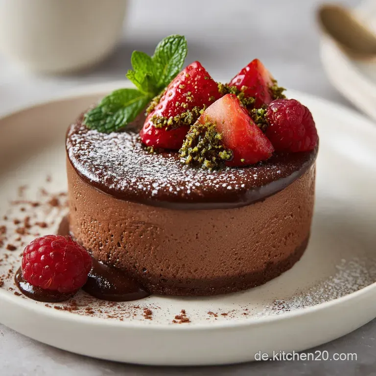 Individual ramekins of dark chocolate mousse, garnished with fresh raspberries and mint leaves, against a blurred background.