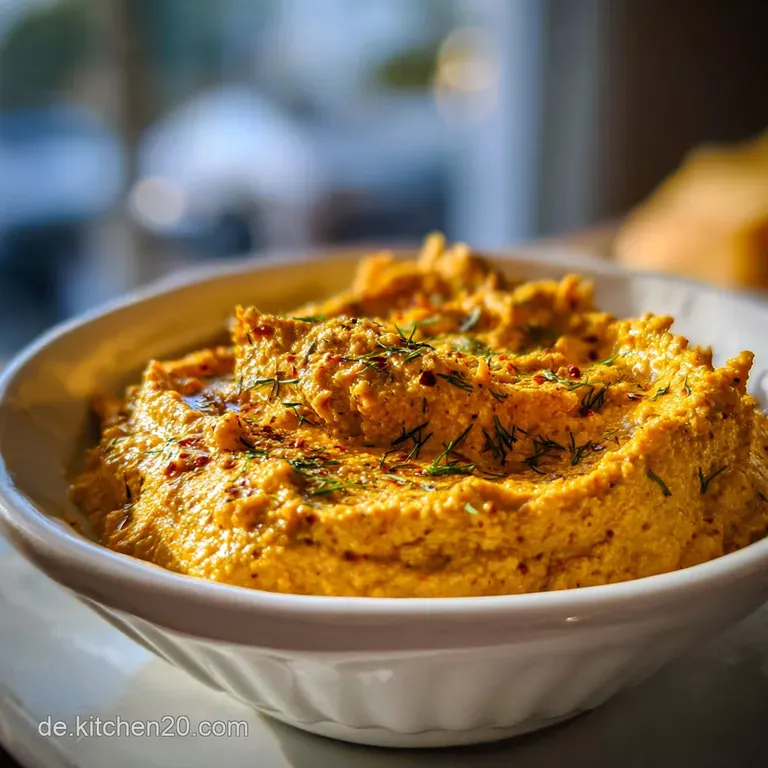 Whipped dip with golden dates & green herbs, artfully spread on a plate. Crushed nuts add texture and earthy color.