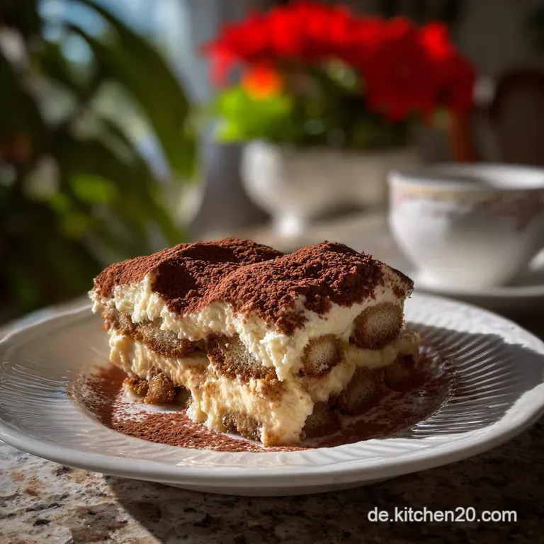 A single serving of tiramisu elegantly plated, showcasing the contrasting textures of creamy layers and cocoa dusting.