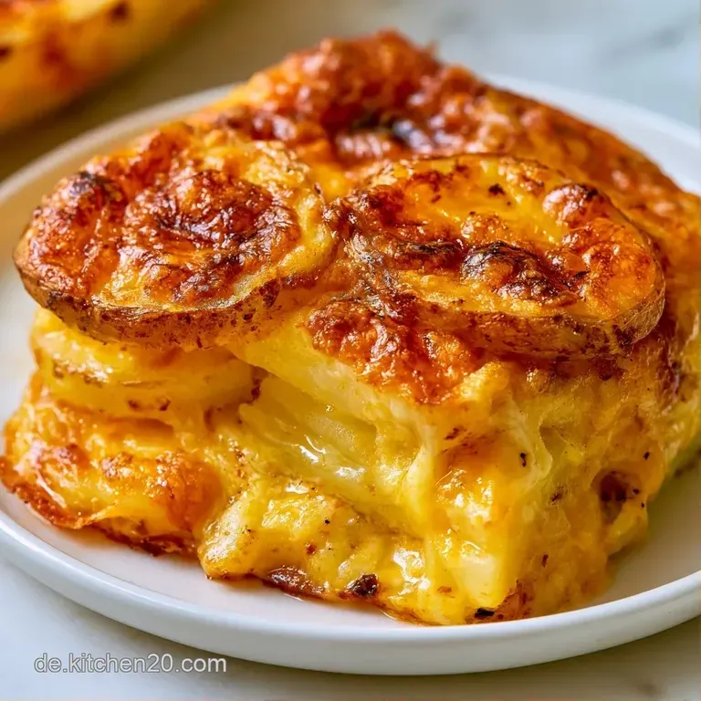 Ein cremiges St&uuml;ck Gratin mit goldgelben R&auml;ndern auf einem wei&szlig;en Teller, garniert mit frischer gr&uuml;ner Petersilie.