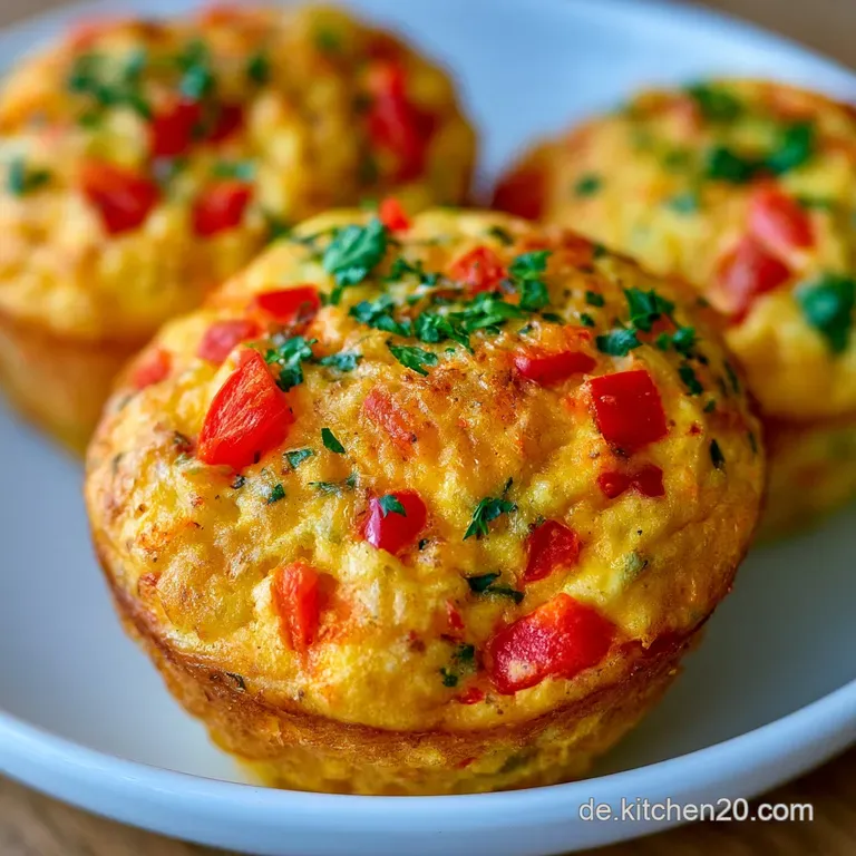 Drei goldbraun gebackene Eiermuffins auf einer wei&szlig;en Keramikplatte, garniert mit frischer Petersilie und Paprika.