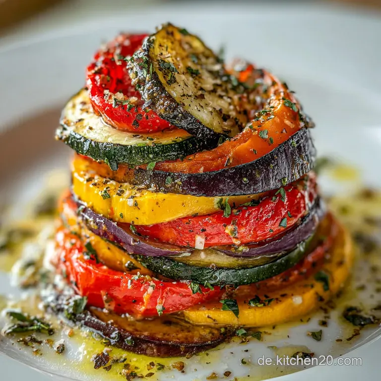 Elegant ratatouille: glistening vegetables artfully arranged on a white plate, garnished with fragrant herbs. Visually app...