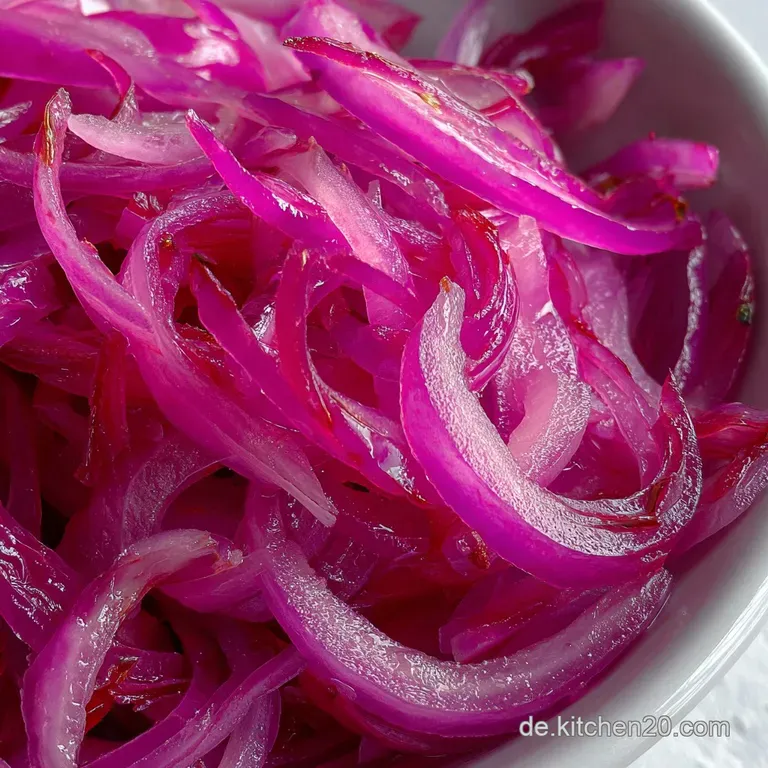 A spoonful of bright pink pickled red onions overflowing from a glass jar, atop a burger, hint of steam, fresh green salad.
