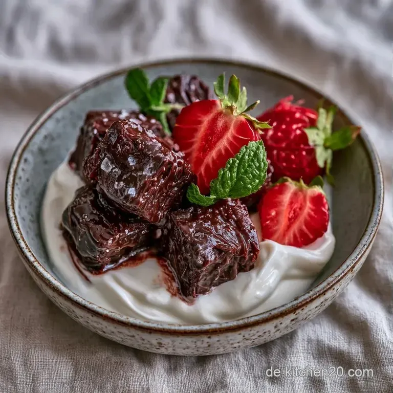 Auf einer wei&szlig;en Keramikplatte angerichtet, gl&auml;nzende Schokoladenh&uuml;llen umschlie&szlig;en cremiges Joghurt und rote Fr&uuml;chte.