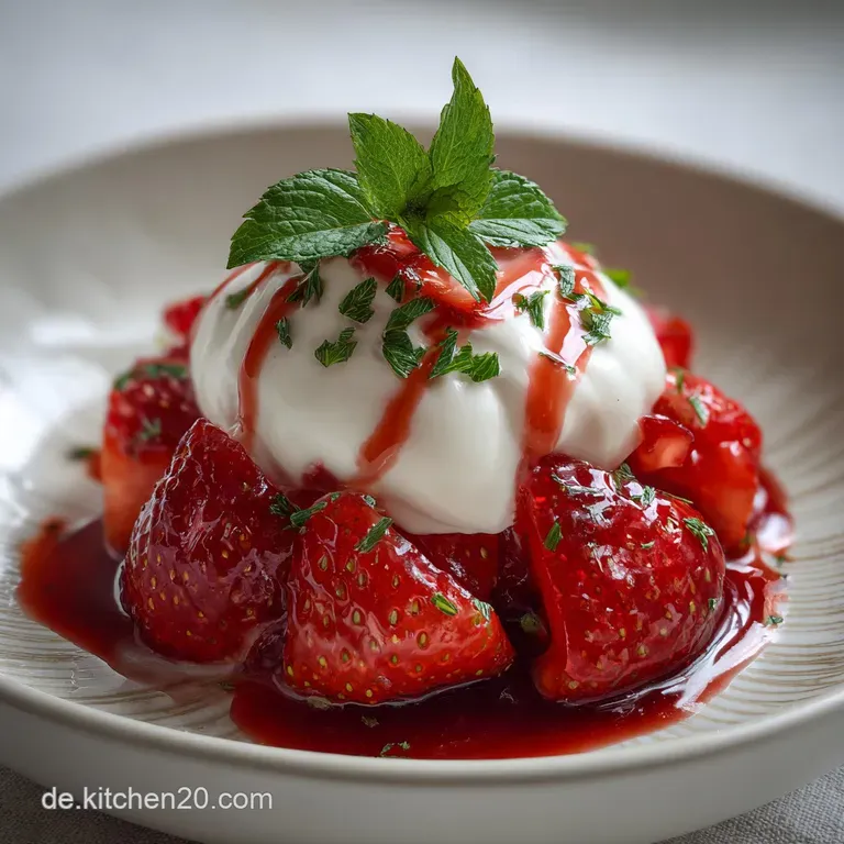 Elegant glass bowl filled with layers of creamy white yogurt, bright red strawberries, and golden granola. Ready to be ser...