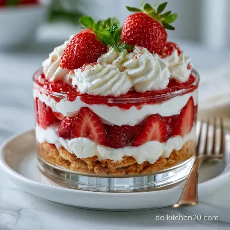Vier Dessertgl&auml;ser auf hellem Holz, flankiert von einer Schale voll reifer, roter Erdbeeren und weichem Licht.