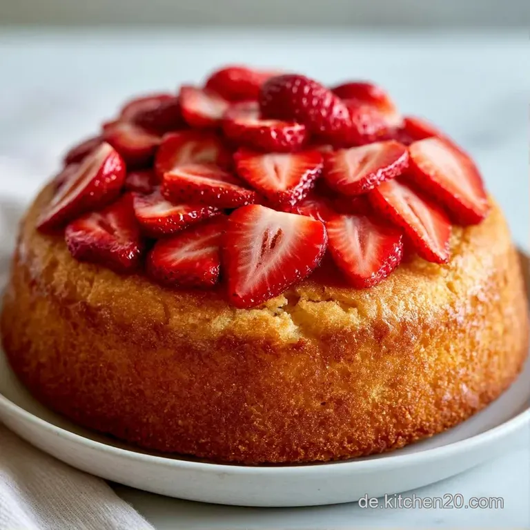 Ein St&uuml;ck Kuchen auf wei&szlig;em Porzellan zeigt goldene Krume, wei&szlig;e Creme und gl&auml;nzende rote Beeren mit Puderzucker.