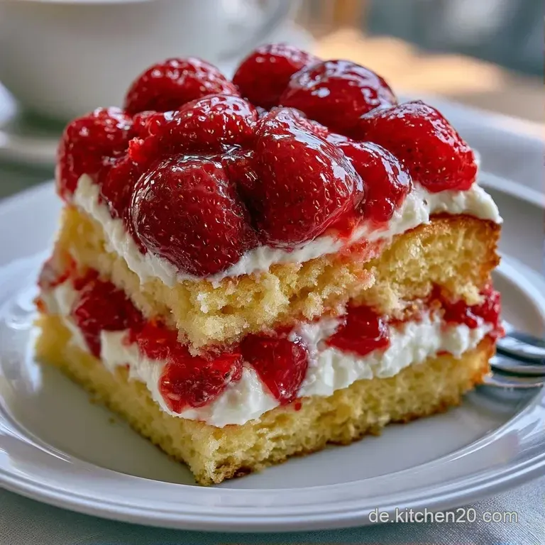 Ein St&uuml;ck Erdbeertorte auf wei&szlig;em Porzellan; man sieht die luftigen Biskuit- und Cremeschichten mit frischen Beeren.