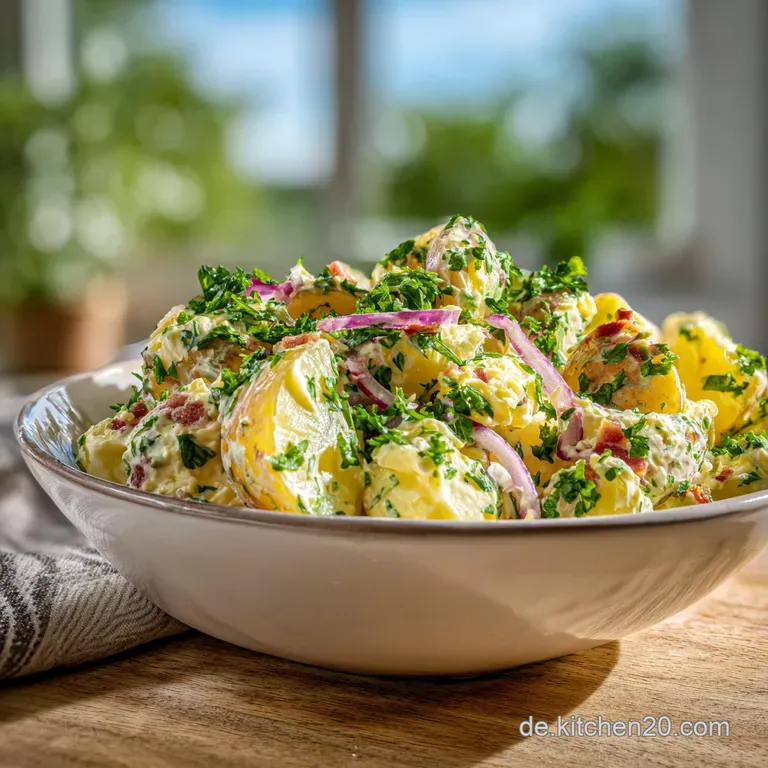 Close-up of vibrant 'potato' salad featuring creamy dressing, crunchy bacon bits, and fresh herbs in a white bowl.