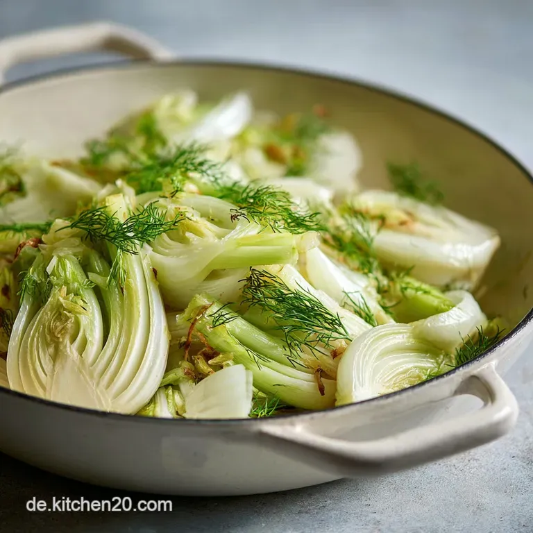 Glossy, tender fennel slices arranged artfully on a plate. Bright green herbs accentuate the golden-brown edges.
