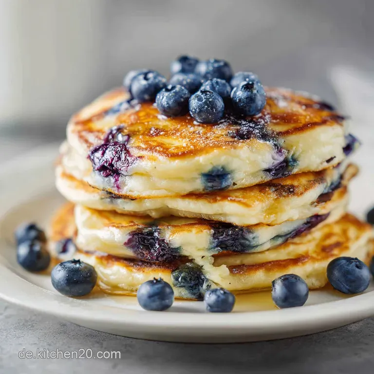 A neat stack of blueberry pancakes artfully arranged with a dollop of whipped cream and a sprig of mint.
