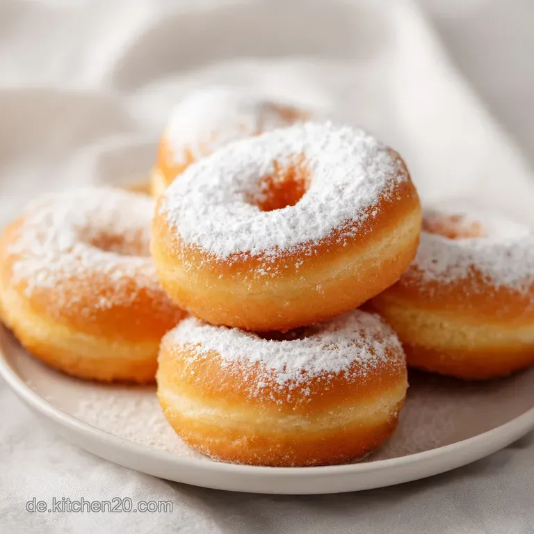Drei fluffige, hellbeige Donuts auf einem wei&szlig;en Porzellanteller neben einer dampfenden Tasse Kaffee in sanftem Licht.