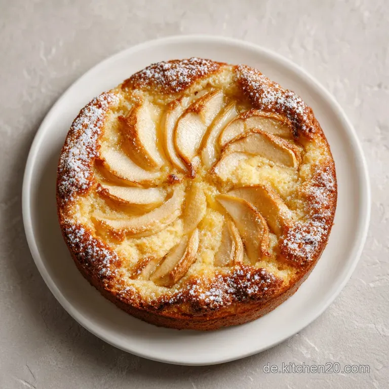 Slice of warm apple cake with a flaky crust, served with a dollop of whipped cream on a white plate.