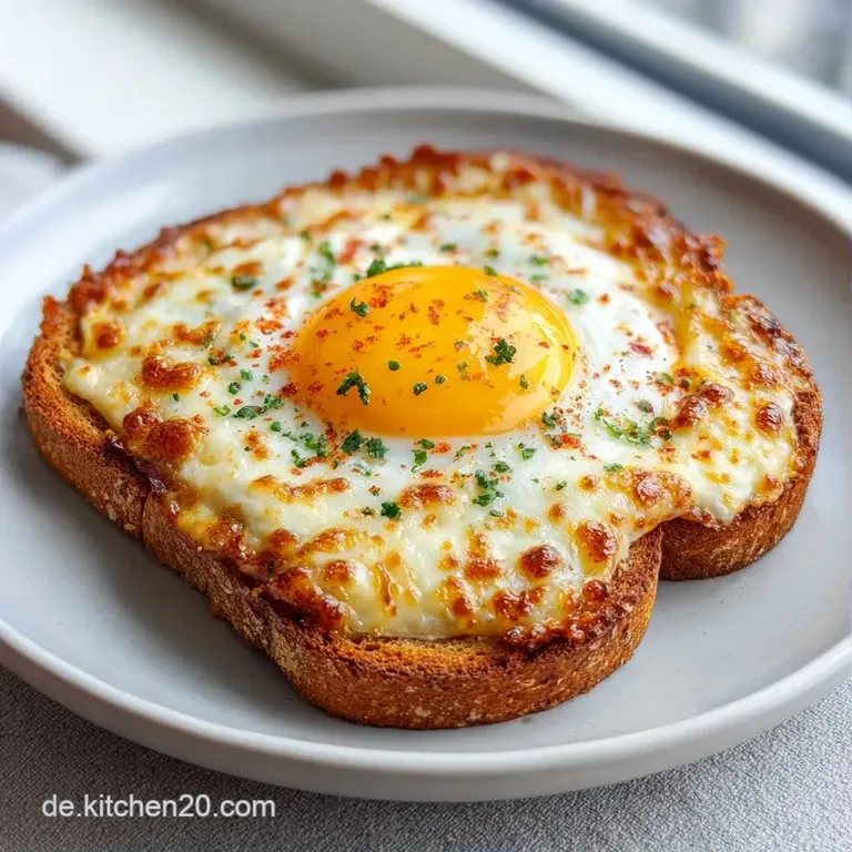 Ein goldgelbes Fr&uuml;hst&uuml;cksei im knusprigen Nest auf einem wei&szlig;en Porzellanteller, beleuchtet durch weiches Morgenlicht.