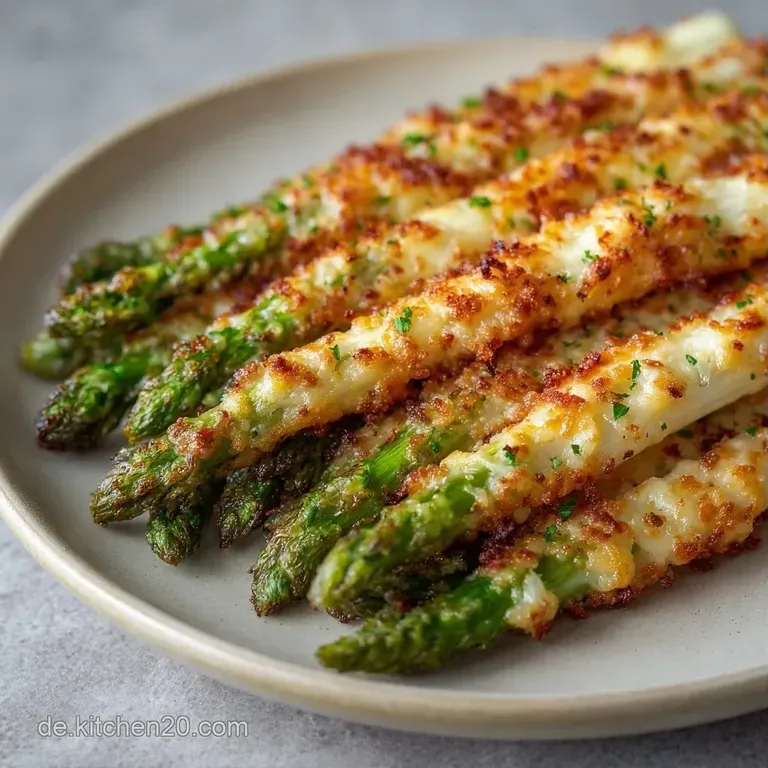 Elegant angerichteter gr&uuml;ner Spargel mit geschmolzenem K&auml;se auf wei&szlig;em Porzellan, gl&auml;nzende Oberfl&auml;che, helles Licht.