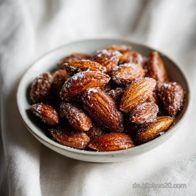 A delicate scattering of glazed almonds on a rustic wooden board, catching the light.