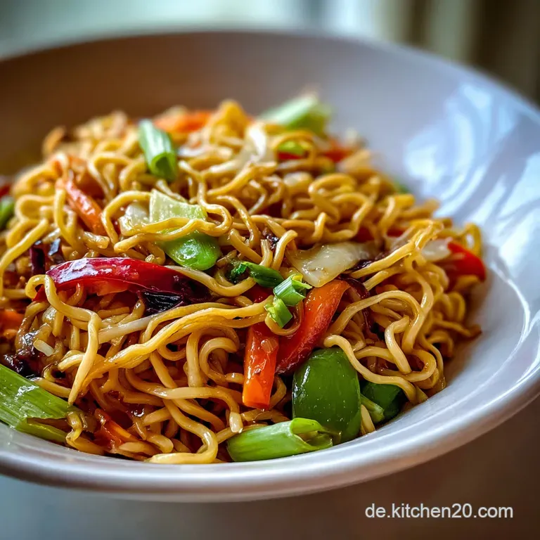 Close-up of vibrant Asian noodles, artfully plated and garnished with fresh herbs, ready to be enjoyed. Steam gently rises.