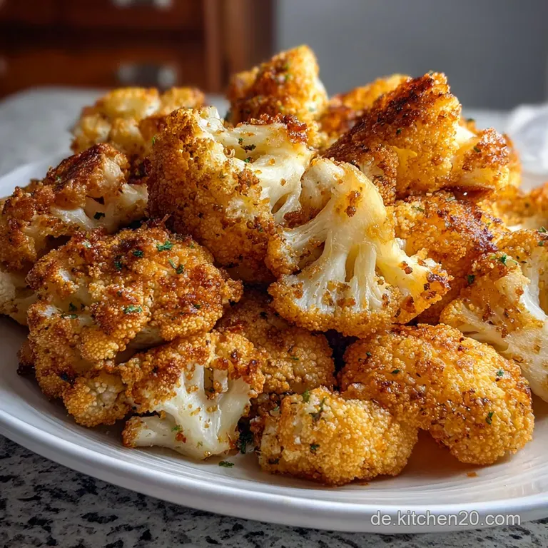 Plated roasted cauliflower with vibrant green herbs, served with a creamy white sauce drizzled over the browned florets.