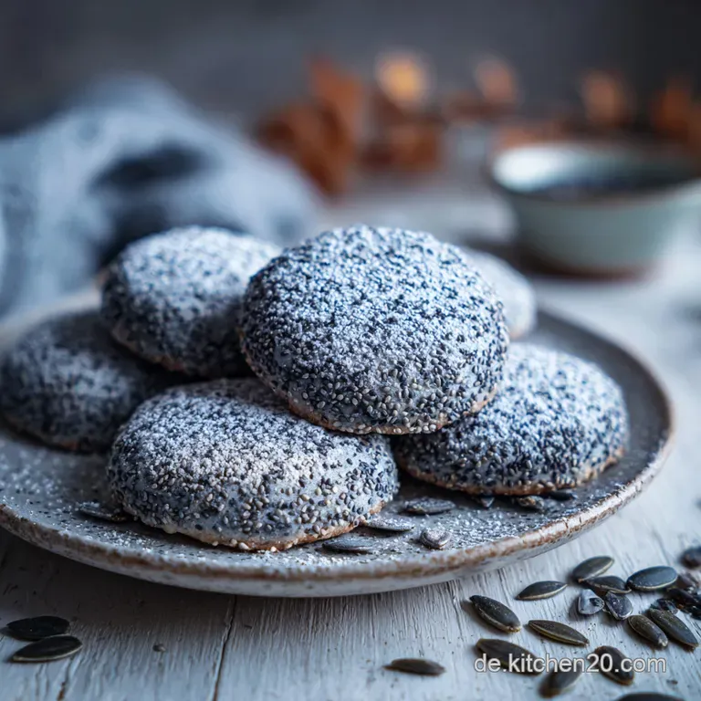 Auf einer wei&szlig;en Porzellanplatte sind dunkle Mohngeb&auml;cke kunstvoll angeordnet, erg&auml;nzt durch eine weiche Leinenserviette.