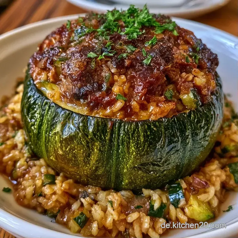 Drei &uuml;berbackene Zucchini auf einer wei&szlig;en Keramikplatte, garniert mit frischem Gr&uuml;n und gl&auml;nzender K&auml;sekruste.
