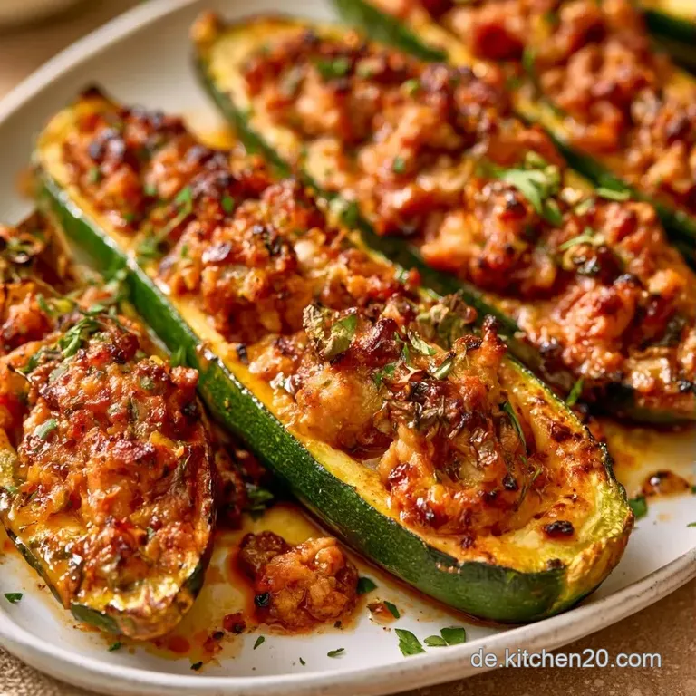 Elegante Anordnung gef&uuml;llter Zucchini auf einer Servierplatte, garniert mit gl&auml;nzenden Tomaten und gr&uuml;nen Bl&auml;ttern.