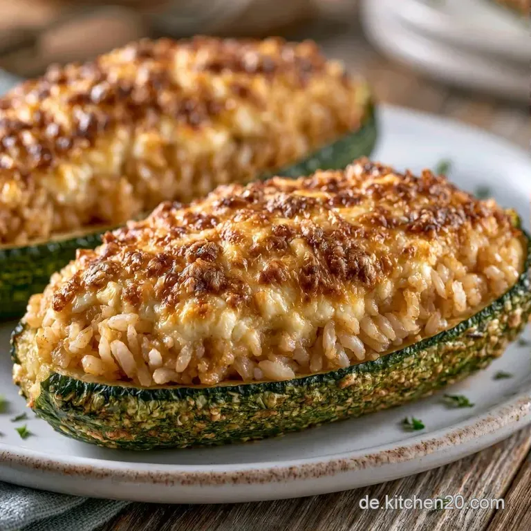 Mehrere mit K&auml;se gef&uuml;llte Zucchini auf einer rustikalen Platte, garniert mit roten Kirschtomaten und frischen Kr&auml;utern.