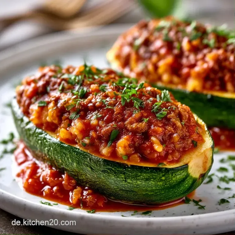 Mehrere gef&uuml;llte Zucchini auf einem wei&szlig;en Teller, verziert mit frischer gr&uuml;ner Petersilie und gl&auml;nzender Tomatensauce.