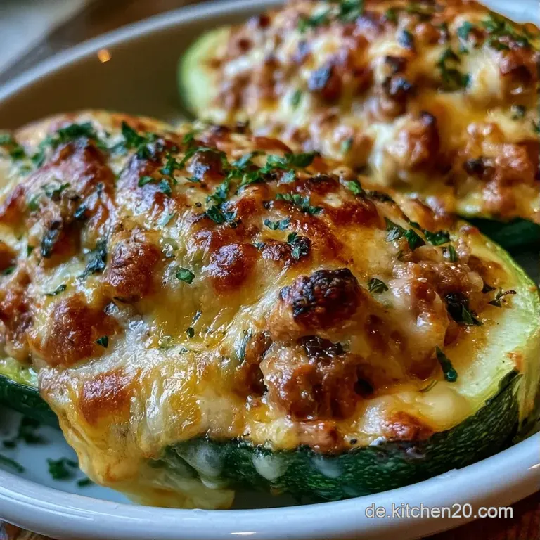 &Uuml;berbackene Zucchini auf einer wei&szlig;en Platte, garniert mit frischer, gr&uuml;ner Petersilie und geschmolzenem K&auml;se.