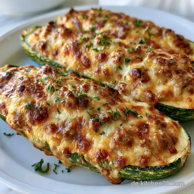 Drei gef&uuml;llte Zucchini auf einer wei&szlig;en Keramikplatte, garniert mit frischer Petersilie und gl&auml;nzendem Oliven&ouml;l.