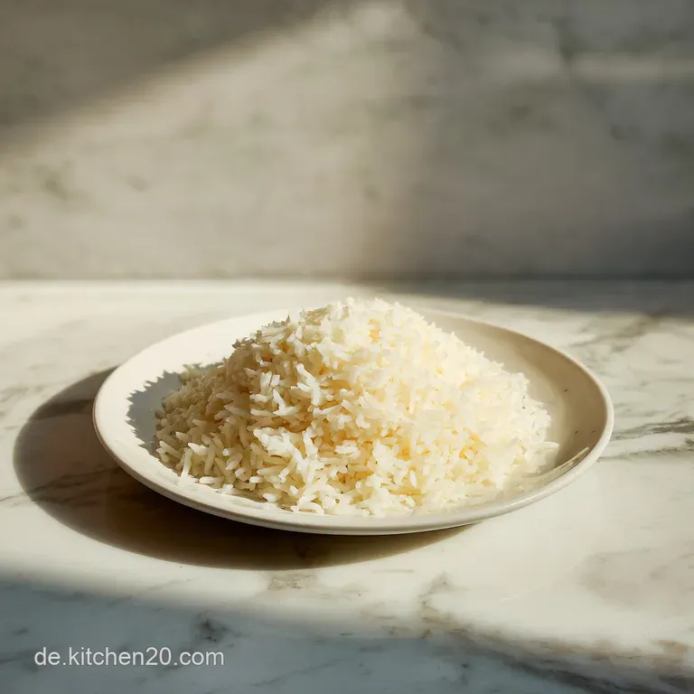 Perfectly portioned mound of pearly white rice, presented on a clean, white plate. Delicate steam curls gently upward.