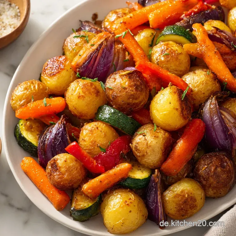 Neatly arranged caramelized root vegetables on a white ceramic plate, topped with a sprinkle of fresh green herbs.