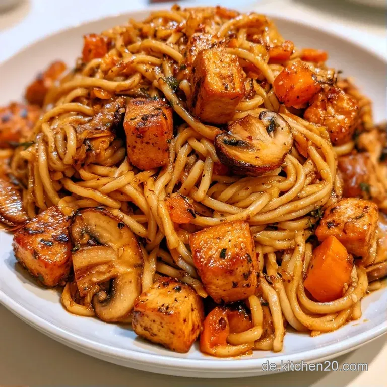 Elegant angerichtete Nudeln mit buntem Gem&uuml;se und knusprigem Tofu auf einem wei&szlig;en Teller, garniert mit frischen Kr&auml;utern.