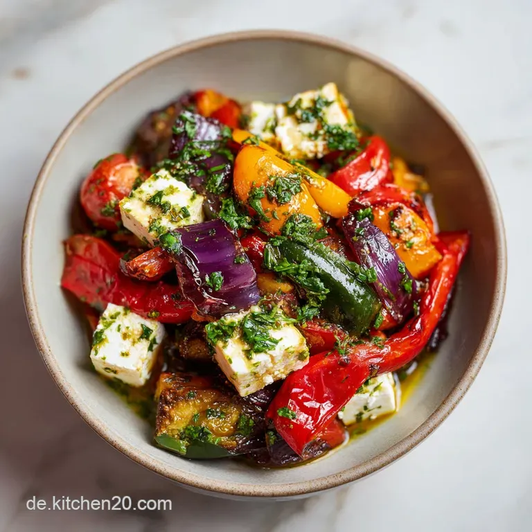 A steaming portion of Mediterranean vegetables, creamy feta, and fresh herbs artfully arranged on a rustic plate.