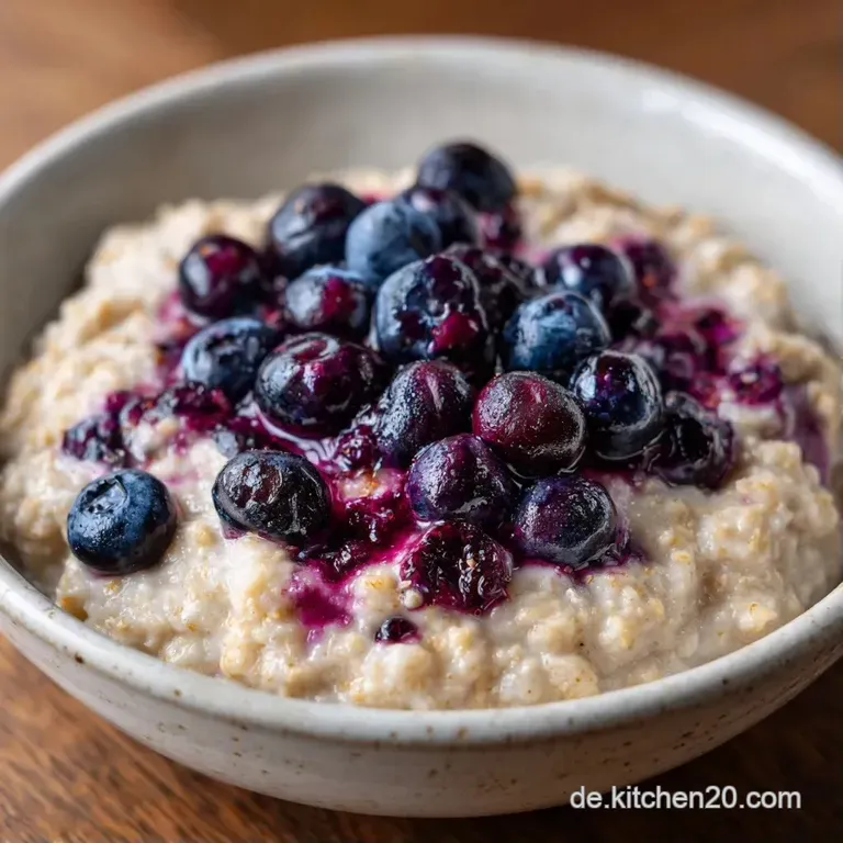 Minimalistische Keramiksch&uuml;ssel mit geschichtetem M&uuml;sli, tiefblauen Beeren und einem frischen Minzblatt auf hellem Holz.