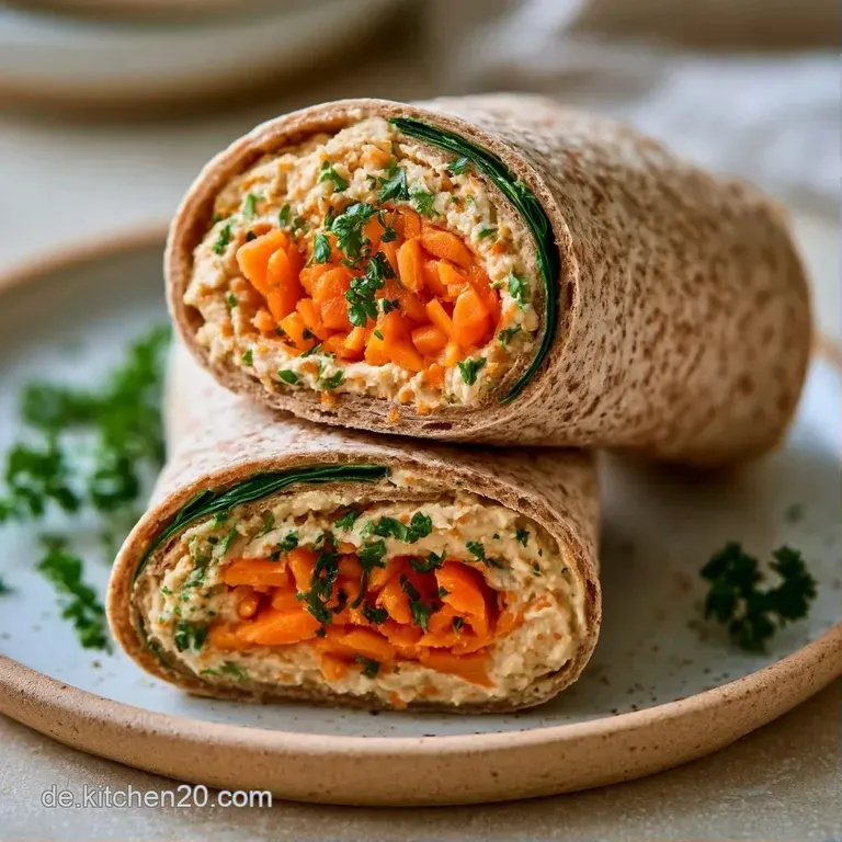 Mehrere aufgeschnittene braune Rollen auf einer hellen Platte, gef&uuml;llt mit bunten Gem&uuml;sestreifen und cremiger wei&szlig;er Sauce.