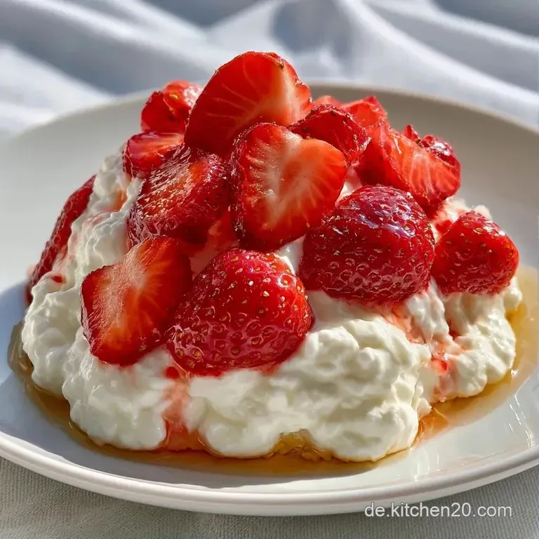 Ein gl&auml;sernes Dessertglas auf hellem Leinen, gef&uuml;llt mit wei&szlig;er Creme und frischen, gl&auml;nzenden Erdbeeren.