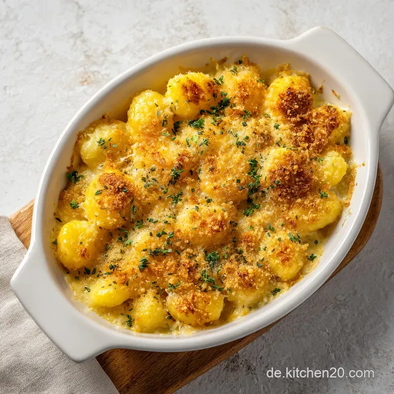 A scoop of creamy gnocchi bake, topped with melted golden cheese and a sprig of fresh parsley.