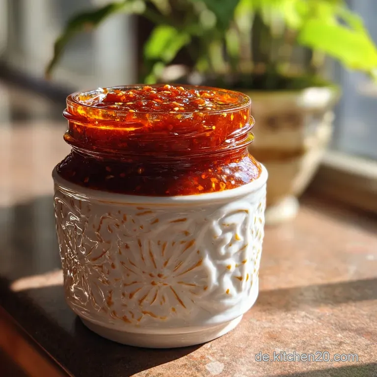 Gochujang sauce drizzled artfully over a dish, creating a glossy sheen with vibrant red tones. A textural delight of savor...