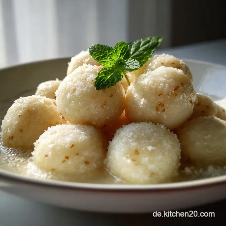 Elegant plate showcasing tender, ivory dumplings swimming in a light broth, garnished with vibrant green parsley.