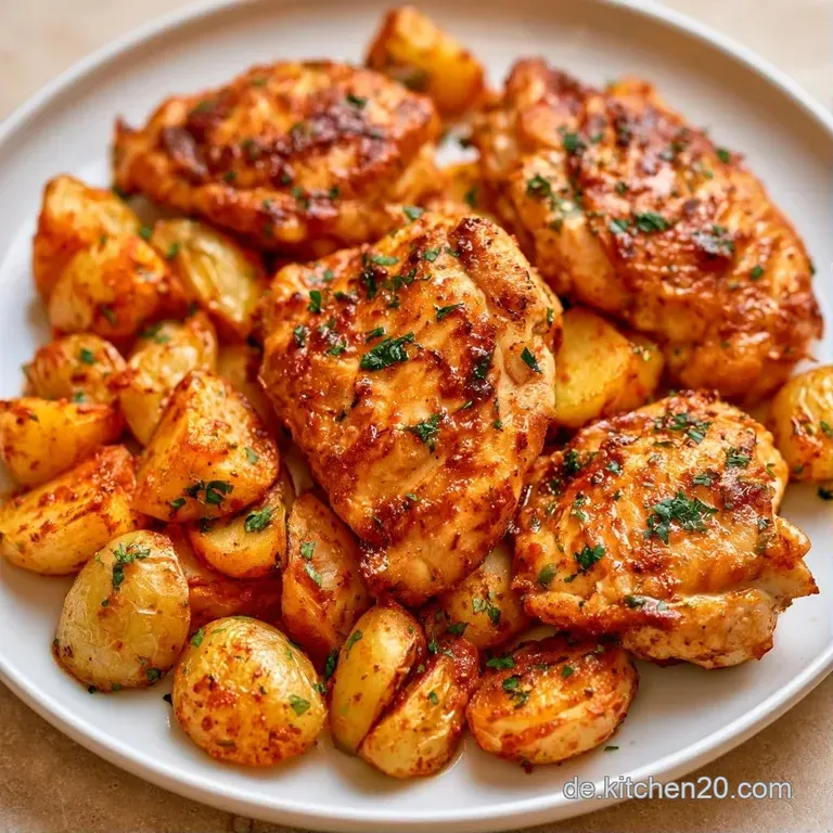 Zarte H&auml;hnchenst&uuml;cke auf einer wei&szlig;en Platte mit gl&auml;nzender Sauce, dekoriert mit frischen, gr&uuml;nen Kr&auml;utern und Gem&uuml;se.