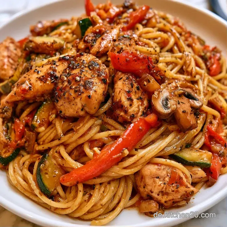 Cremige Pasta mit buntem Gem&uuml;se auf einem wei&szlig;en Teller, garniert mit frischer, gr&uuml;ner Petersilie und gl&auml;nzender Sauce.