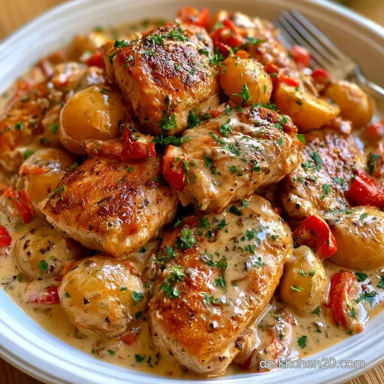Zartes, gl&auml;nzendes H&auml;hnchenfleisch auf einem wei&szlig;en Teller, garniert mit frischer Petersilie und einer dunklen Sauce.