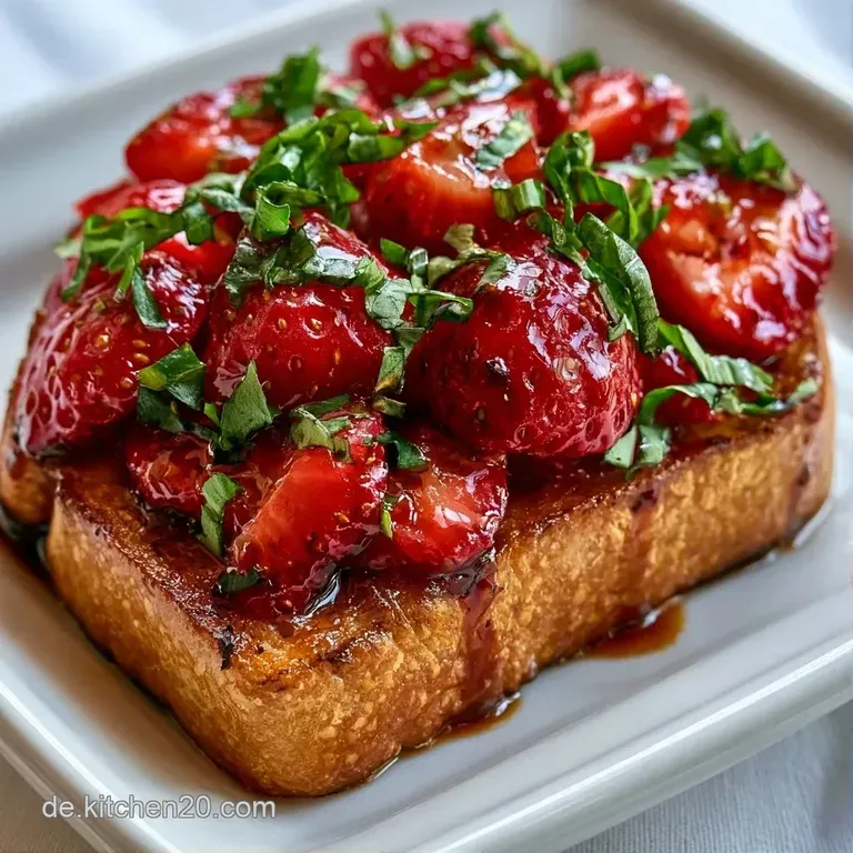 Mehrere knusprige Baguettescheiben auf einem Holzbrett, garniert mit roten Beeren und gl&auml;nzendem Balsamico-Guss.