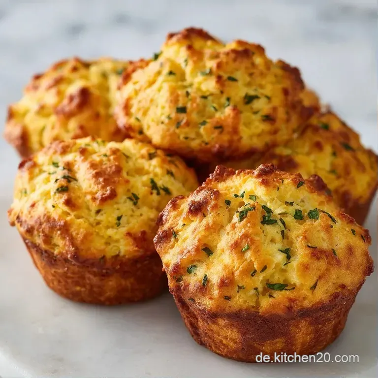 Drei goldgelbe Muffins auf einem minimalistischen Keramikteller, garniert mit frischem Schnittlauch und weichem Licht.