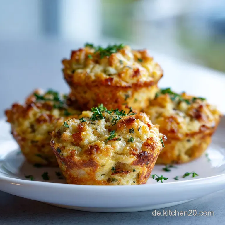 Three savory muffins displayed on a white plate, garnished with fresh rosemary. Rustic charm meets gourmet with these herb...