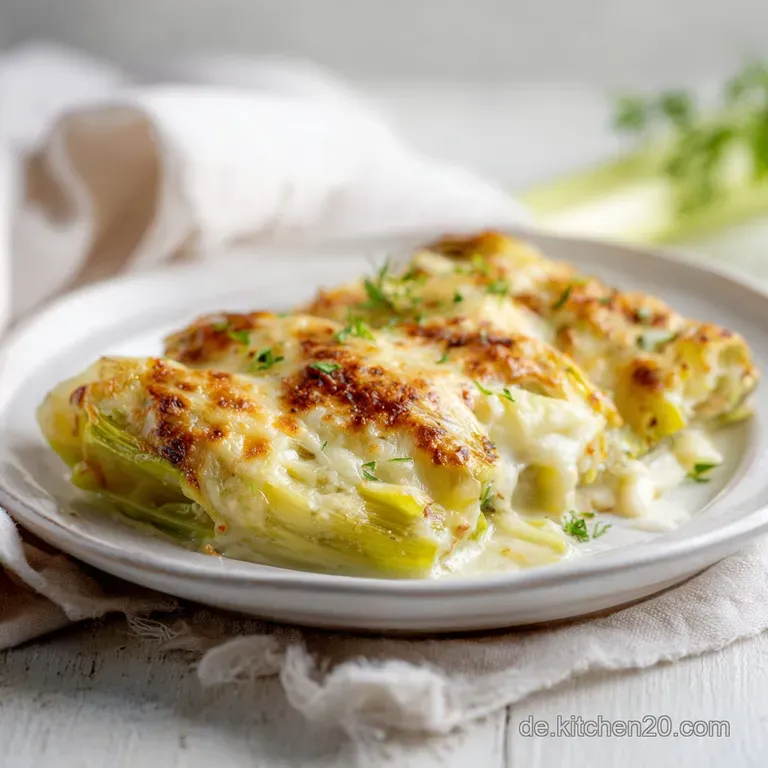 Tender baked leeks artfully arranged on a white plate, garnished with fresh green herbs.