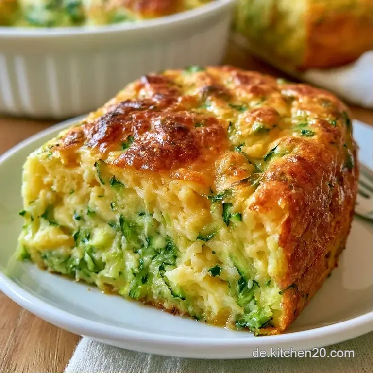 Elegant angerichtetes St&uuml;ck goldbrauner Zucchini-Kuchen auf wei&szlig;em Porzellan, flankiert von frischen Kr&auml;utern.