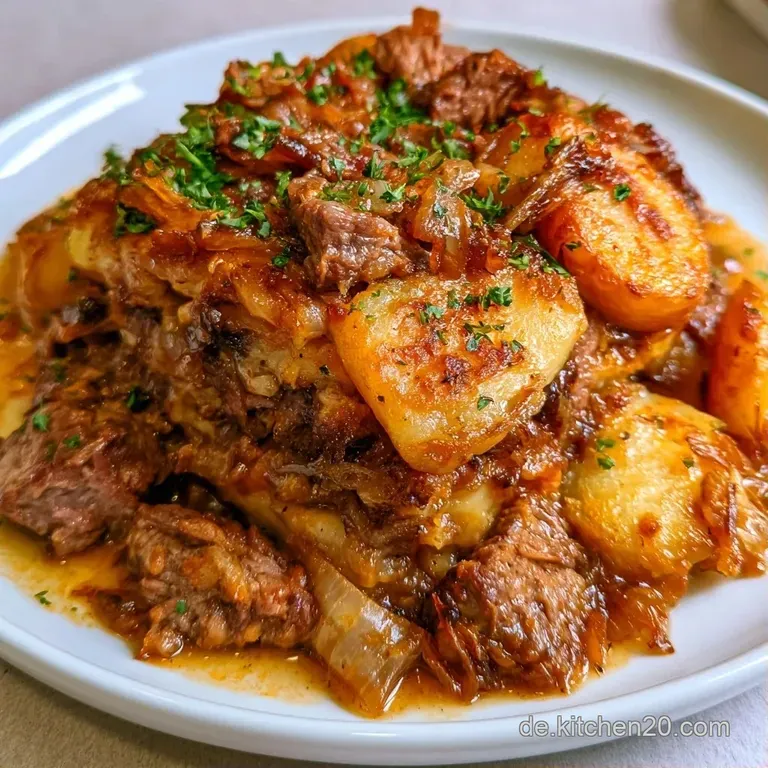 Eine Portion cremiger Kartoffelauflauf mit goldgelbem K&auml;se und zartem Fleisch auf einem schlichten wei&szlig;en Porzellanteller.